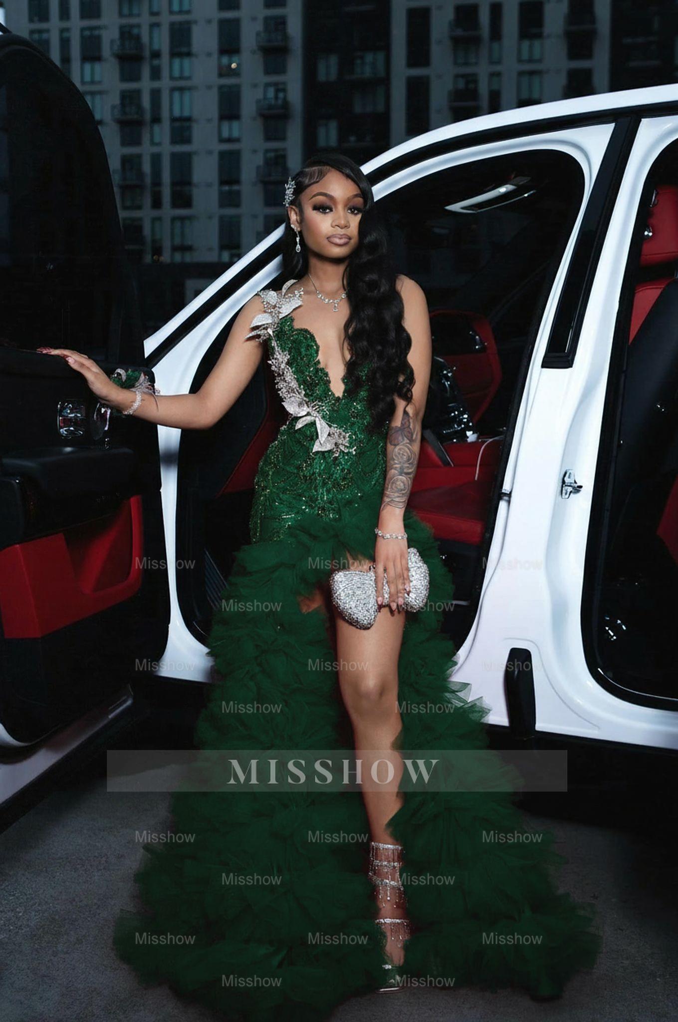 Dark green scoop split-front A-line prom dress