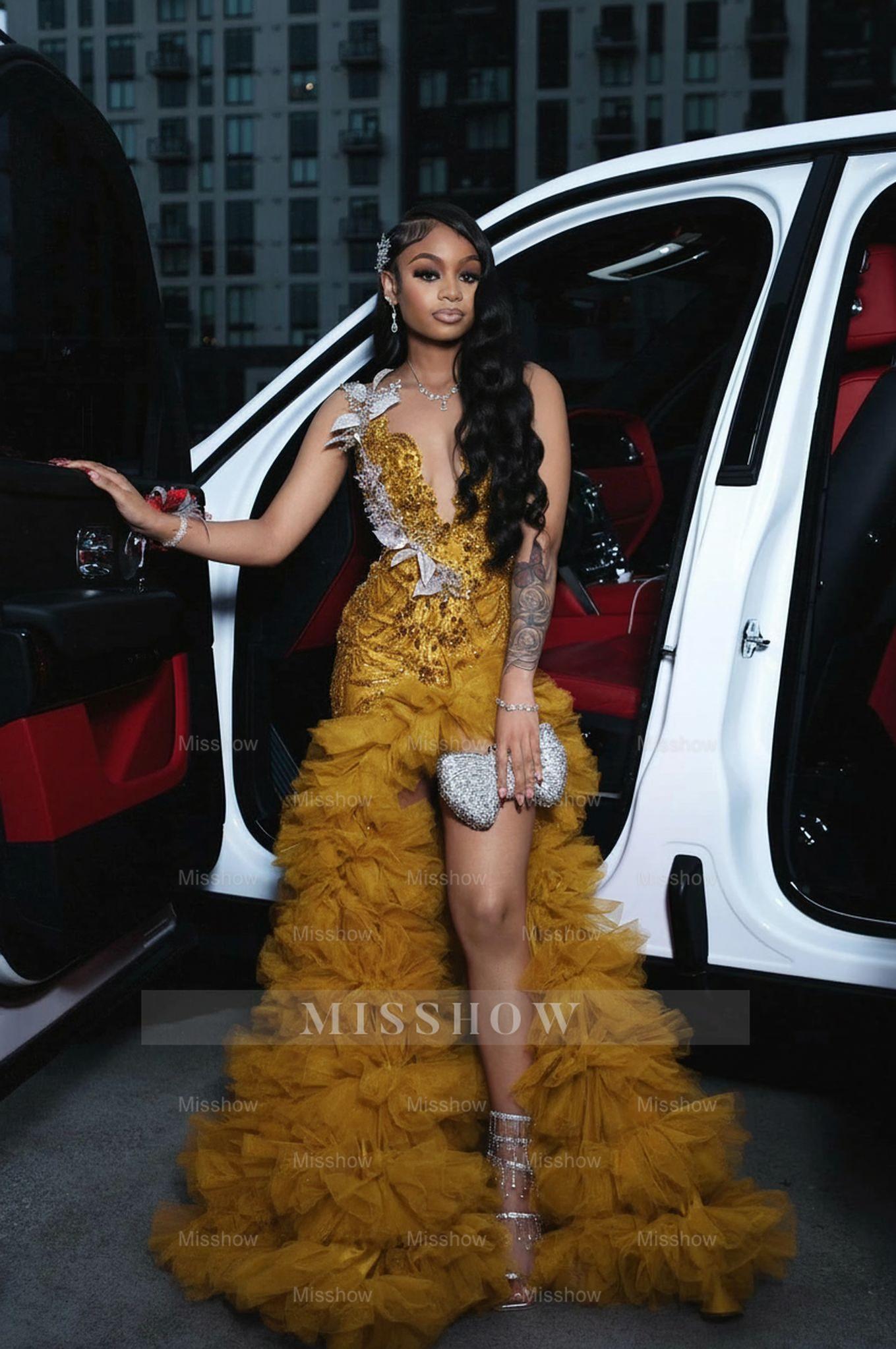 Gold scoop split-front A-line prom dress