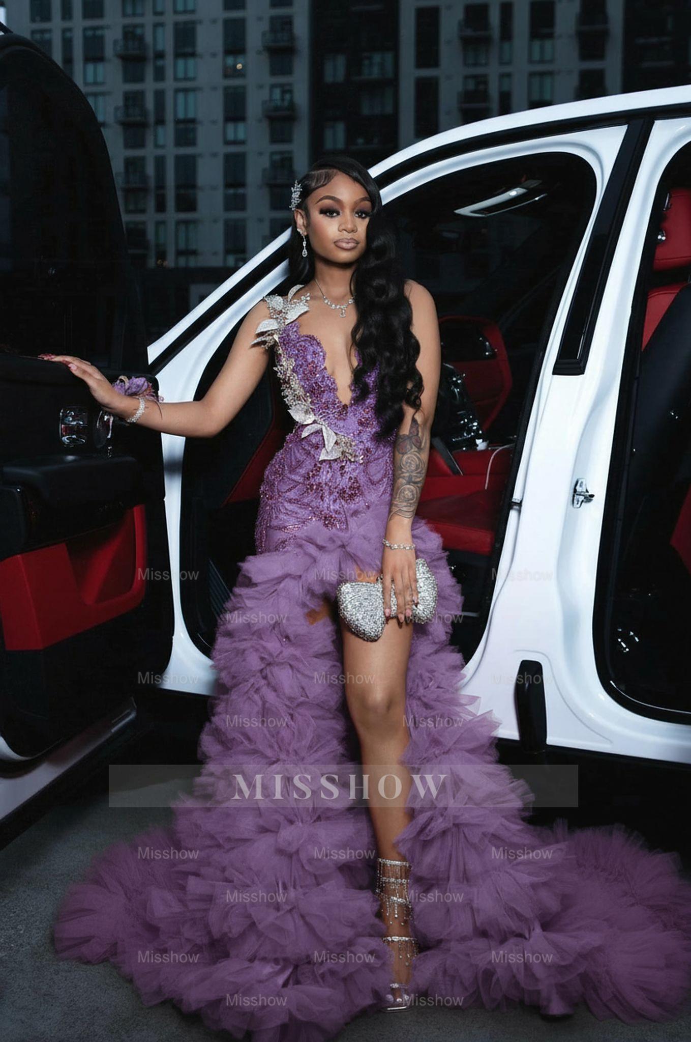 Wisteria scoop split-front A-line prom dress