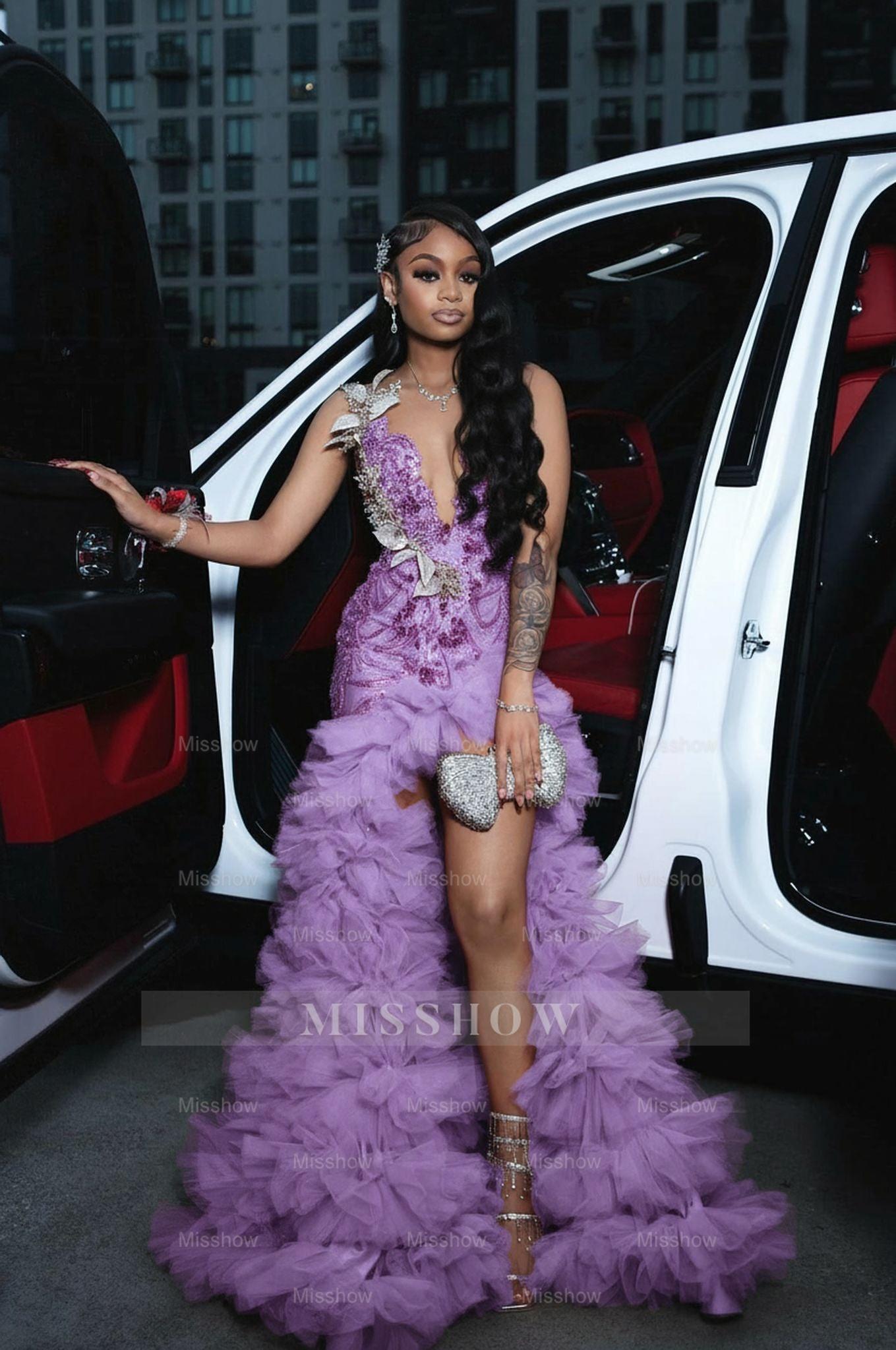 Lilac scoop split-front A-line prom dress
