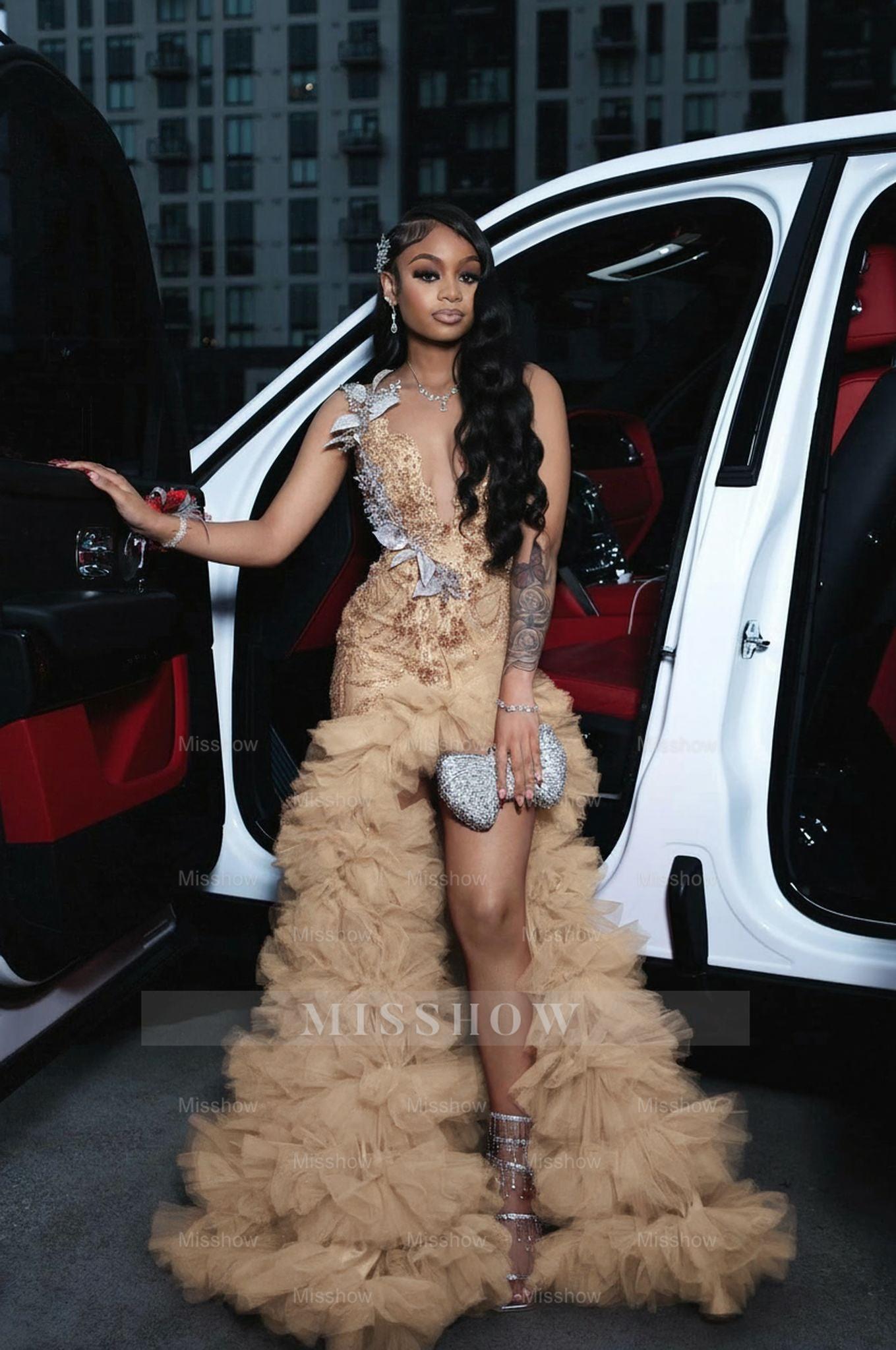 Gold scoop split-front A-line prom dress