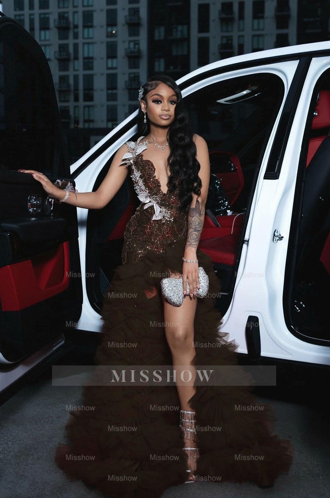 Chocolate scoop split-front A-line prom dress