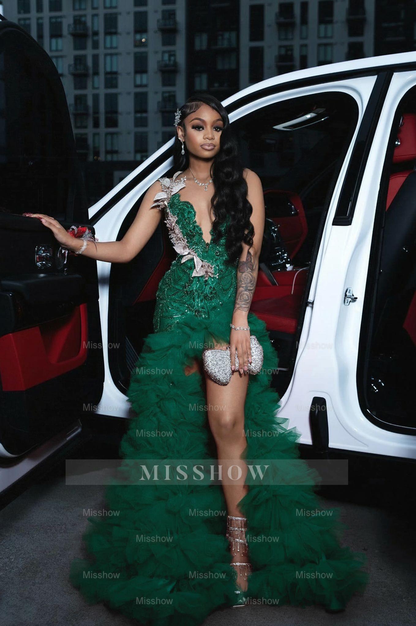 Emerald scoop split-front A-line prom dress