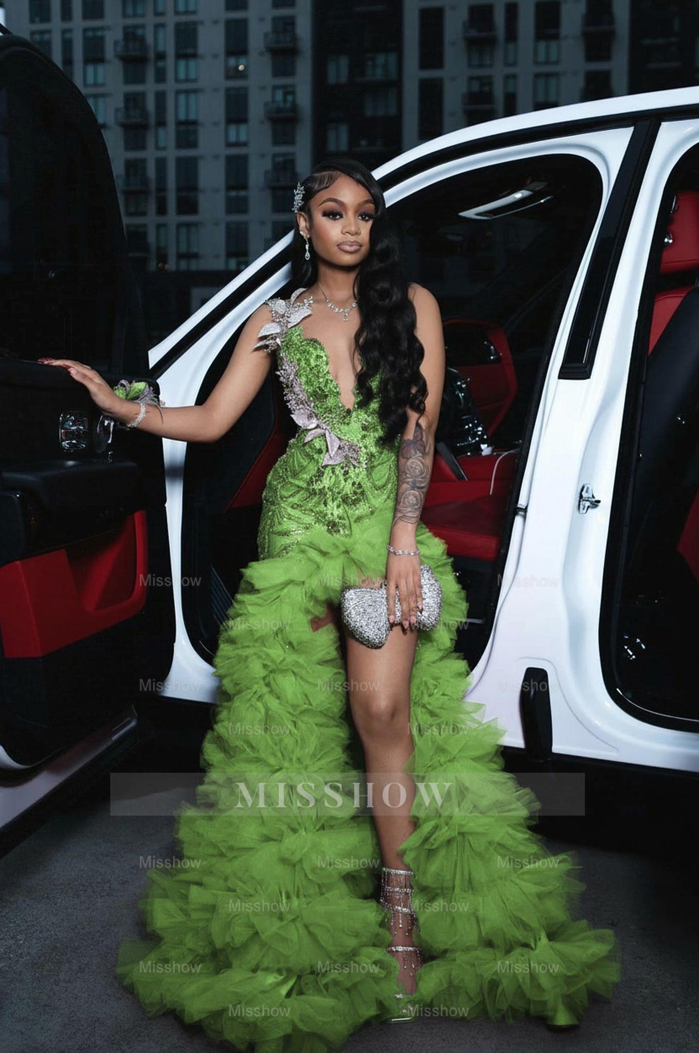 Green scoop split-front A-line prom dress