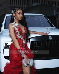 Red scoop split-front A-line prom dress