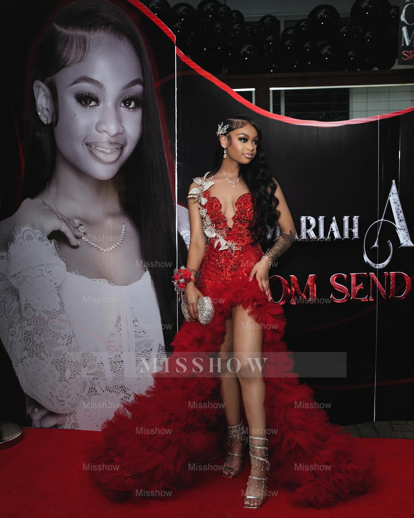 Red scoop split-front A-line prom dress