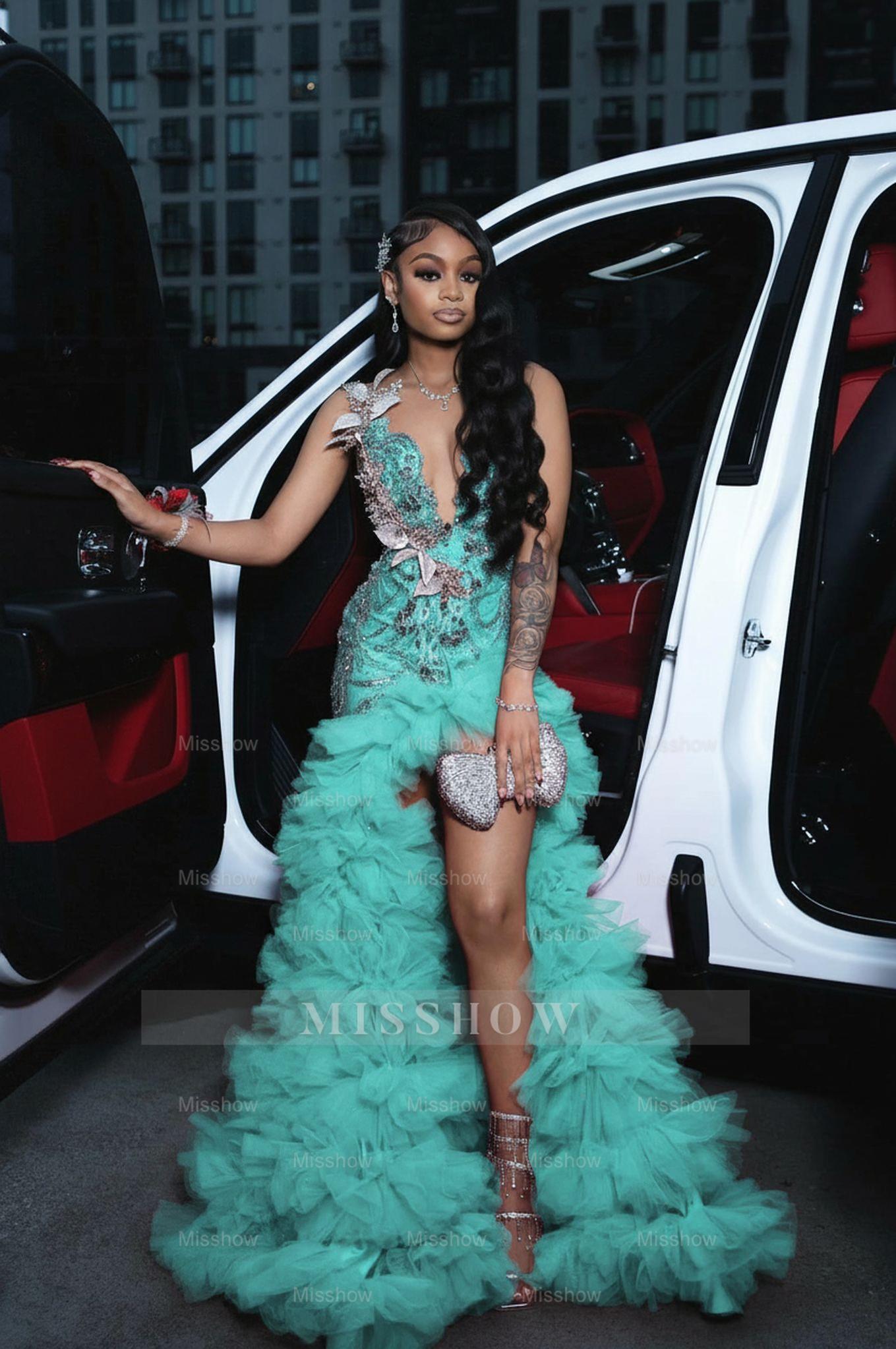 Mint green scoop split-front A-line prom dress