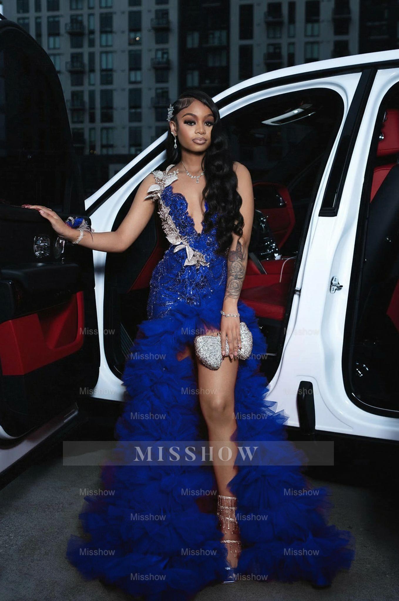 Royal blue scoop split-front A-line prom dress