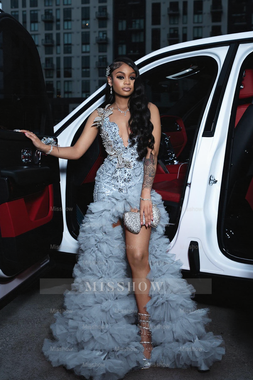 Mist scoop split-front A-line prom dress