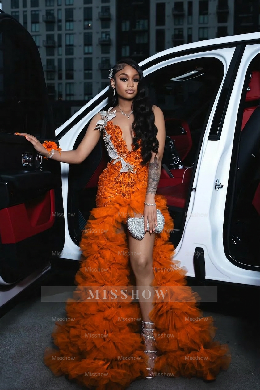 Orange scoop split-front A-line prom dress
