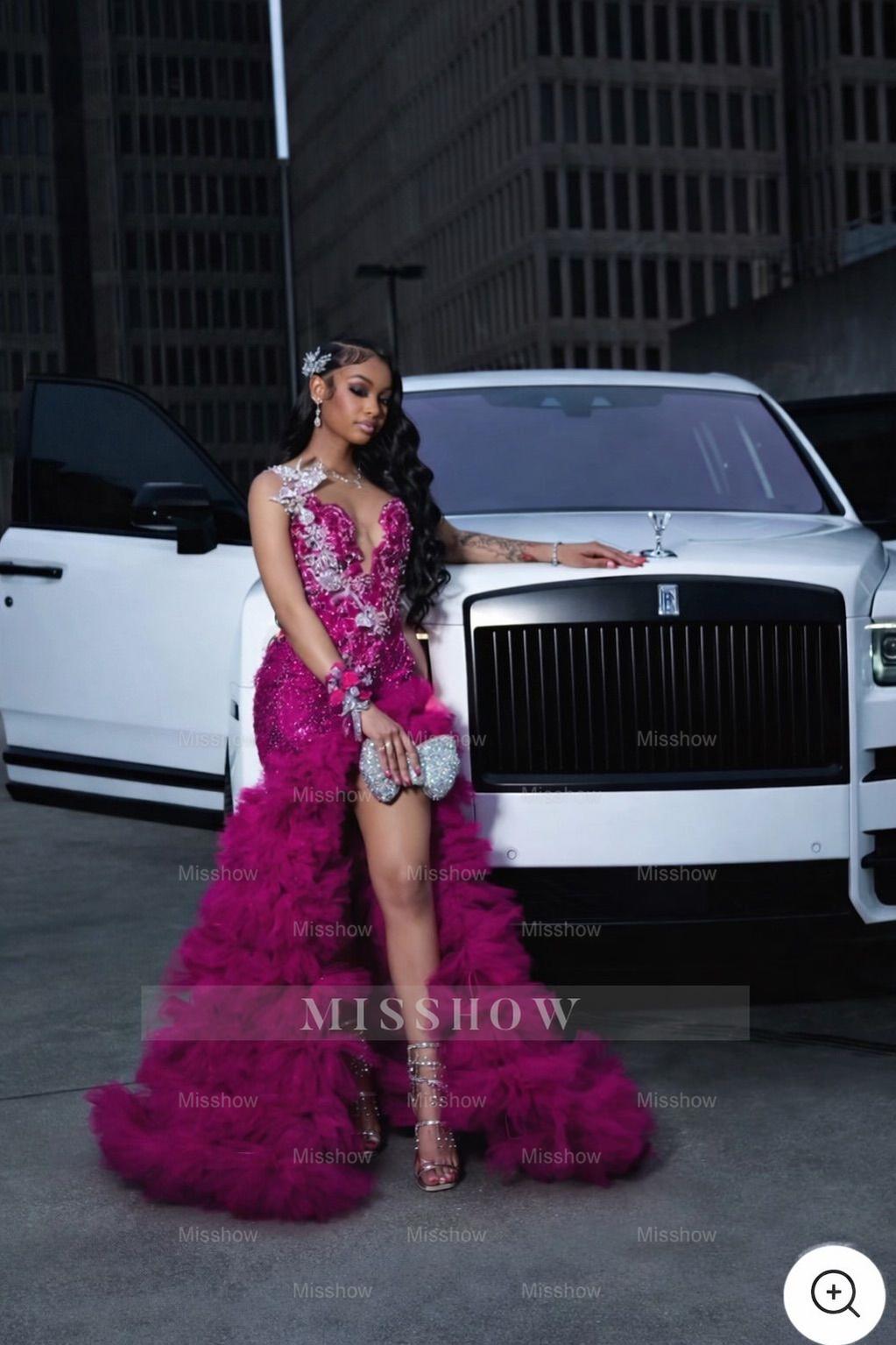 Fuchsia scoop split-front A-line prom dress