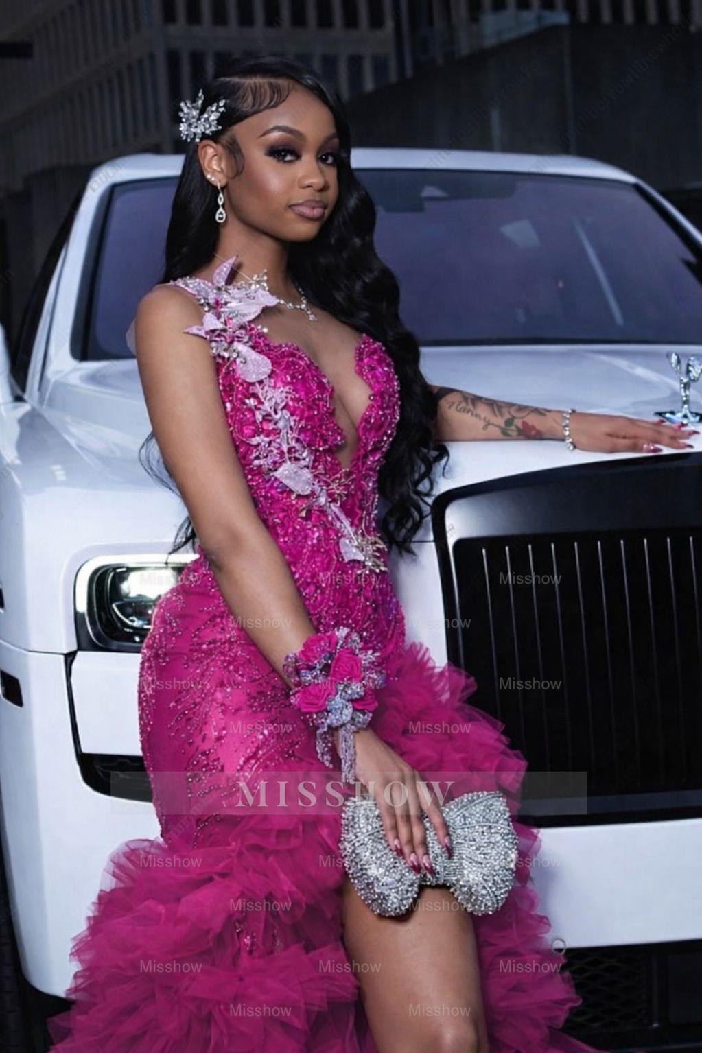 Fuchsia scoop split-front A-line prom dress