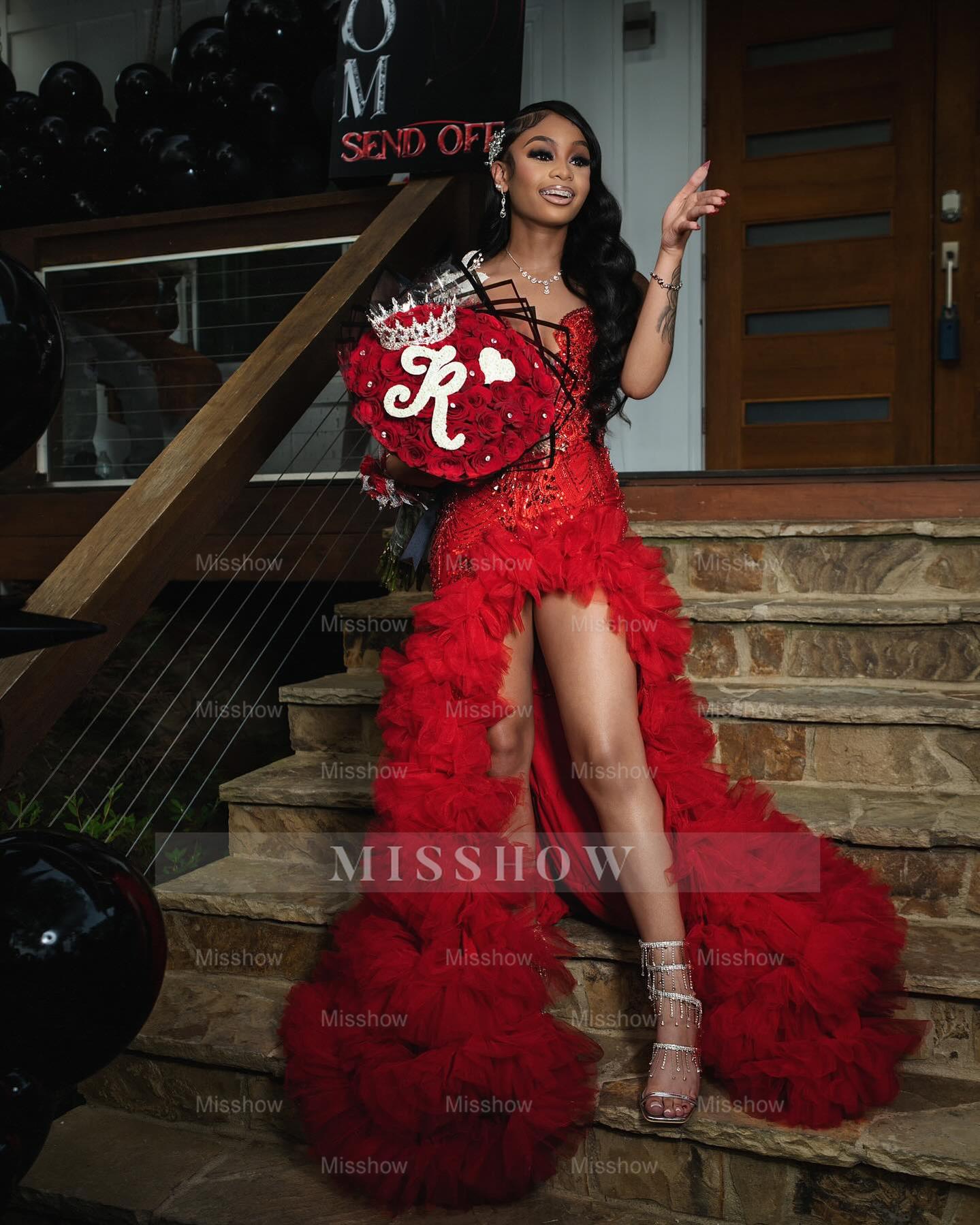 Red scoop split-front A-line prom dress