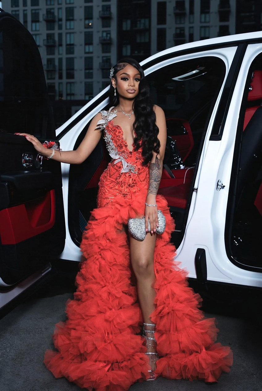 Coral scoop split-front A-line prom dress