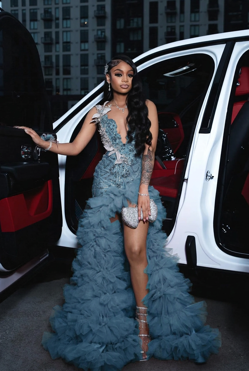 Dusty blue scoop split-front A-line prom dress