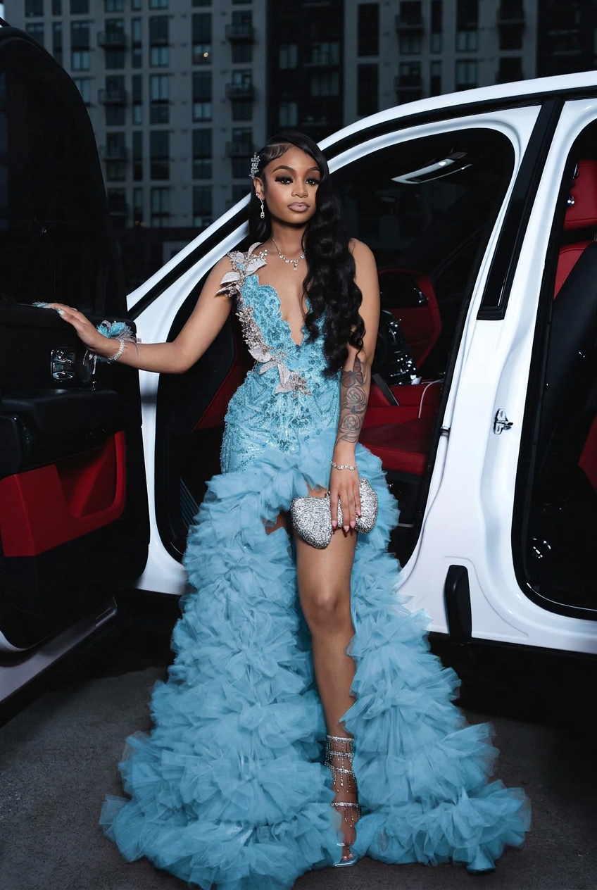 Light blue scoop split-front A-line prom dress