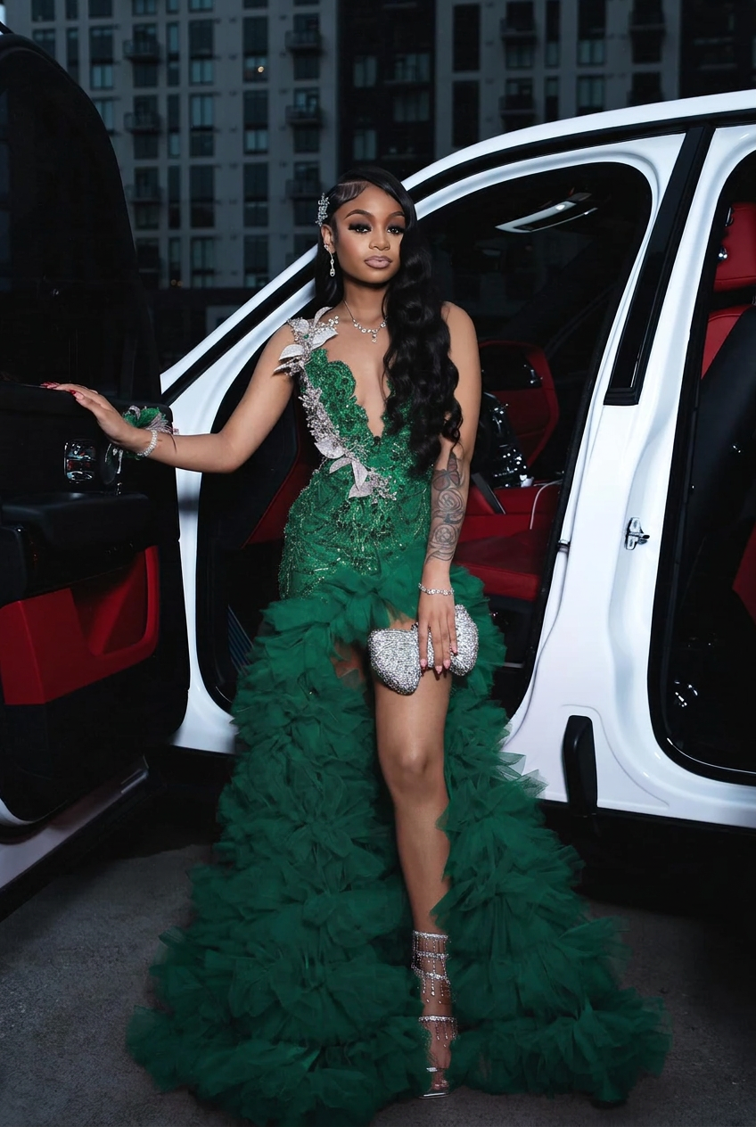 Emerald green scoop split-front A-line prom dress