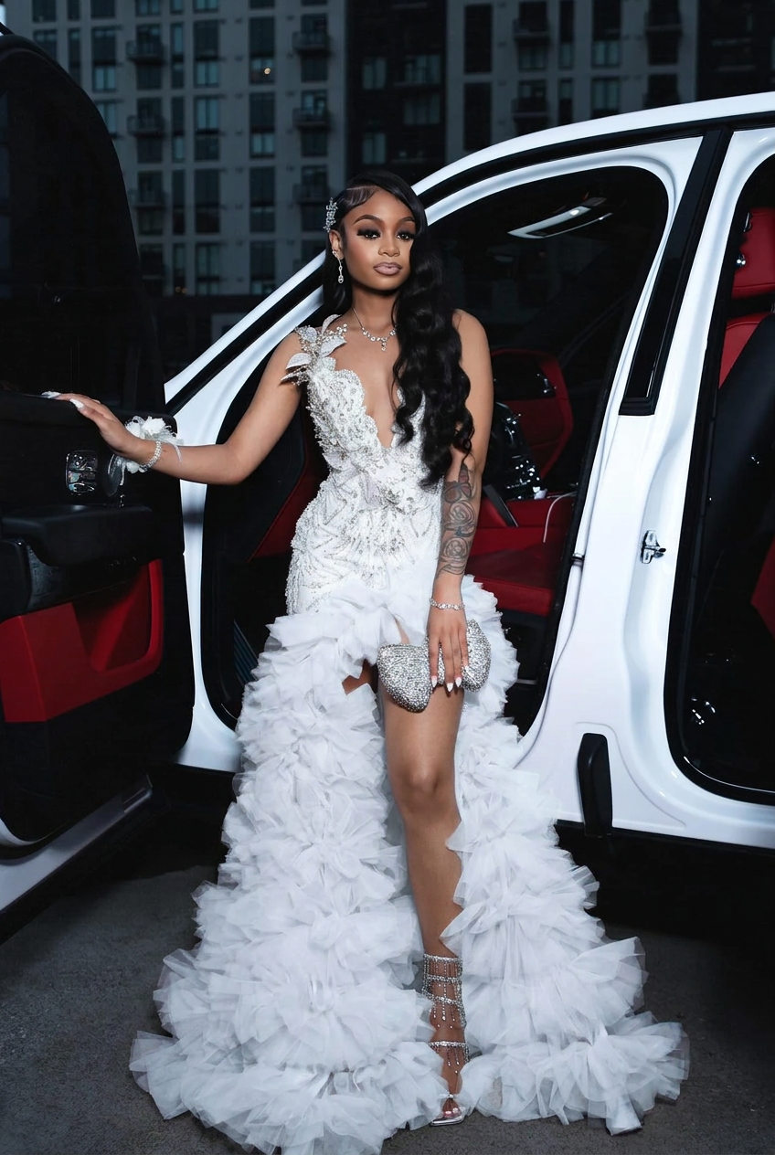 White scoop split-front A-line prom dress