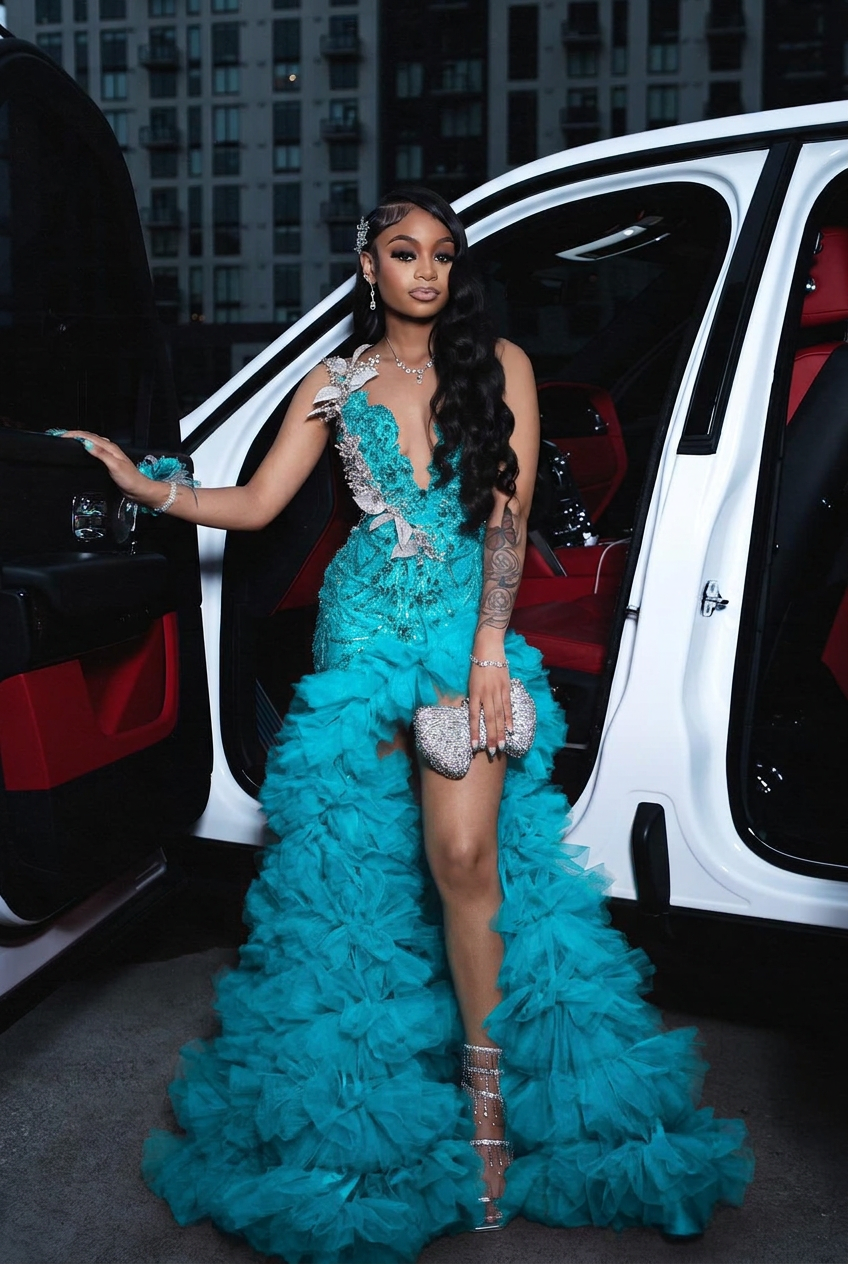 Turquoise scoop split-front A-line prom dress
