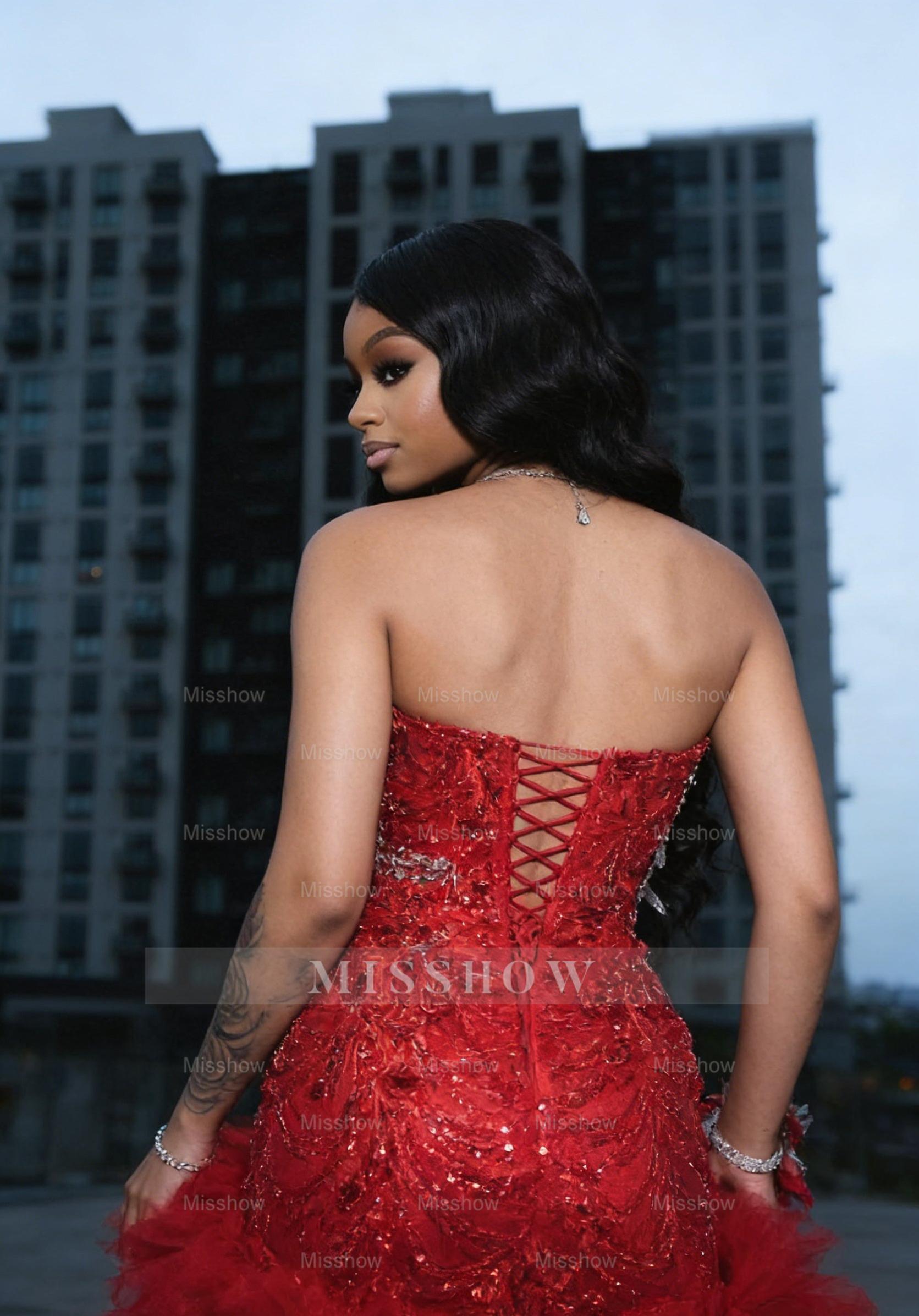 Red scoop split-front A-line prom dress