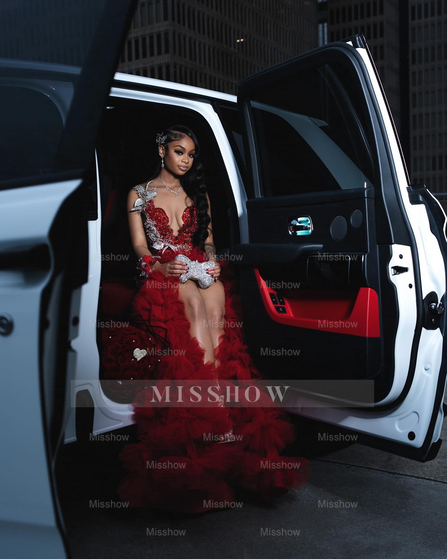 Red scoop split-front A-line prom dress