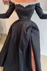 Attractive Long Black Off-the-shoulder A-line Satin Split Front Long Sleeves Prom Evening Dresses with Pearls