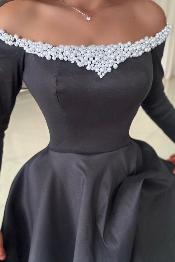 Attractive Long Black Off-the-shoulder A-line Satin Split Front Long Sleeves Prom Evening Dresses with Pearls