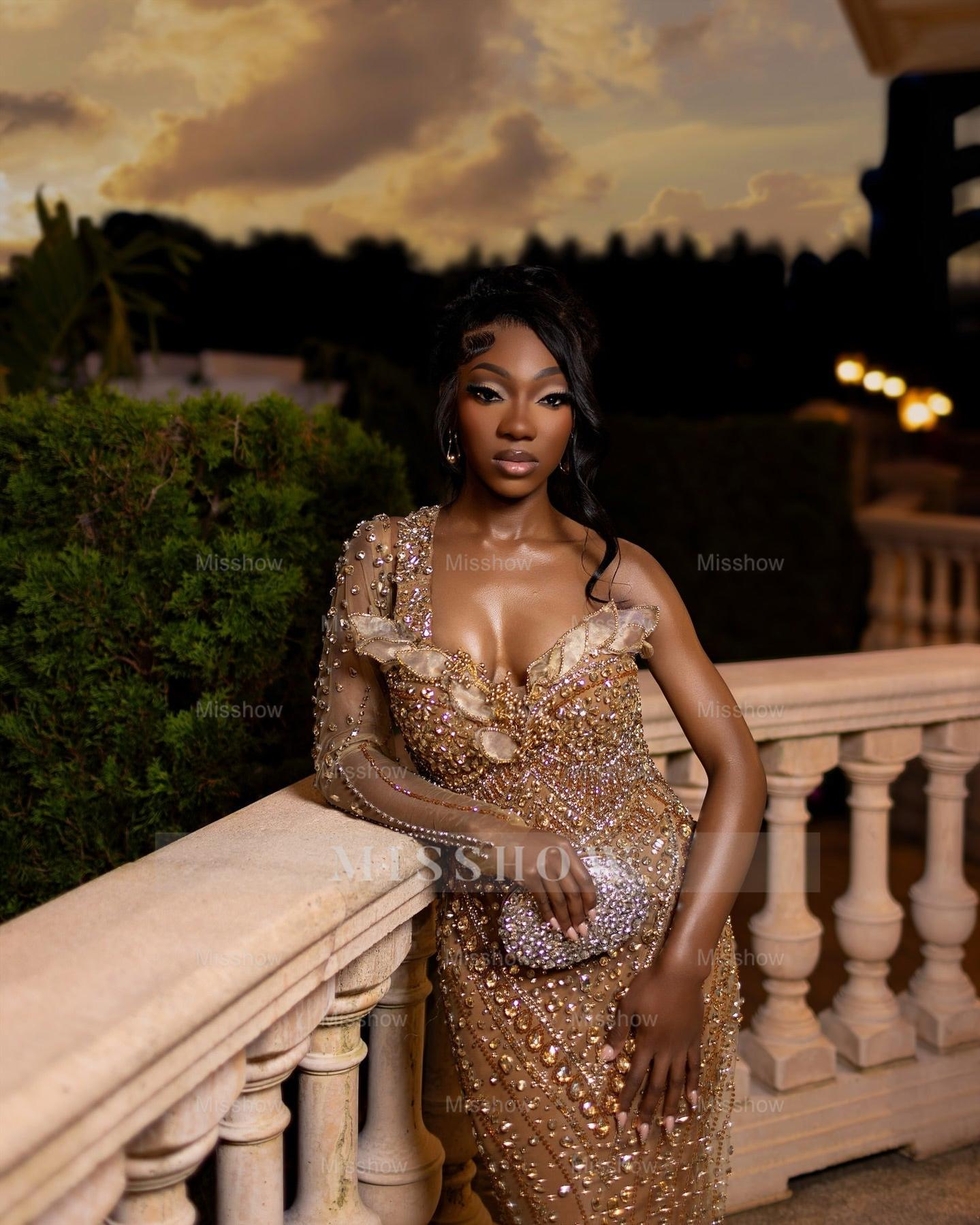 Attractive Long Champagne One Shoulder Long-Sleeve Mermaid Prom Dress with Rhinestones