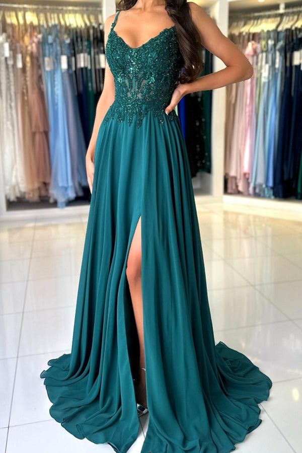 Attractive Long Green A-line Spaghetti Straps Lace Prom Evening Dresses with Slit