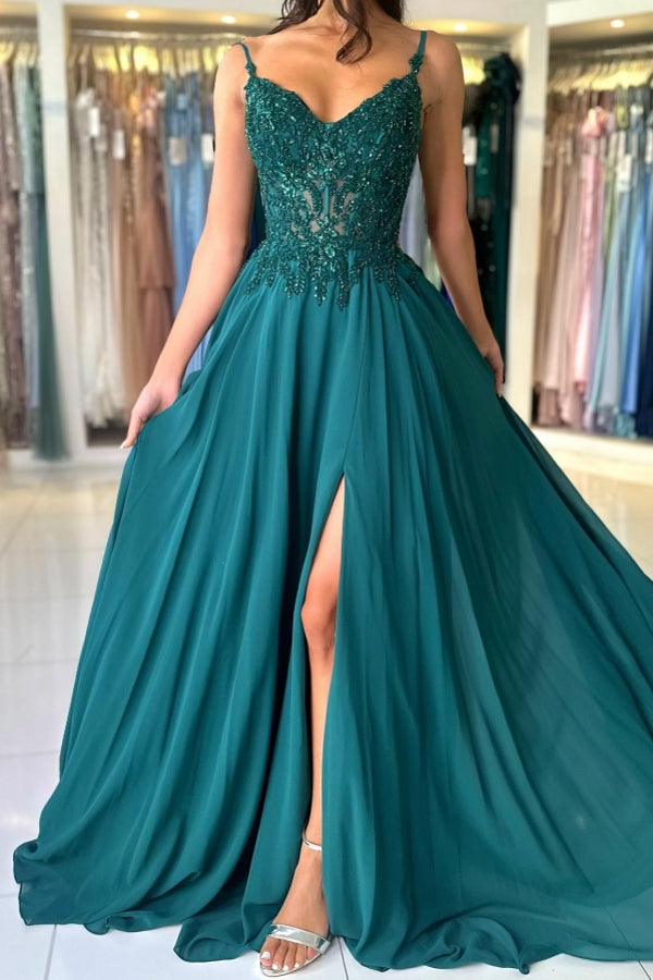 Attractive Long Green A-line Spaghetti Straps Lace Prom Evening Dresses with Slit