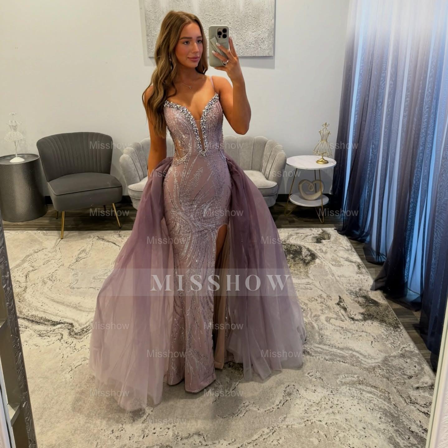 Attractive Long Mermaid Dusty Purple Speghetti Straps Lace Prom Dress with Detachable Train