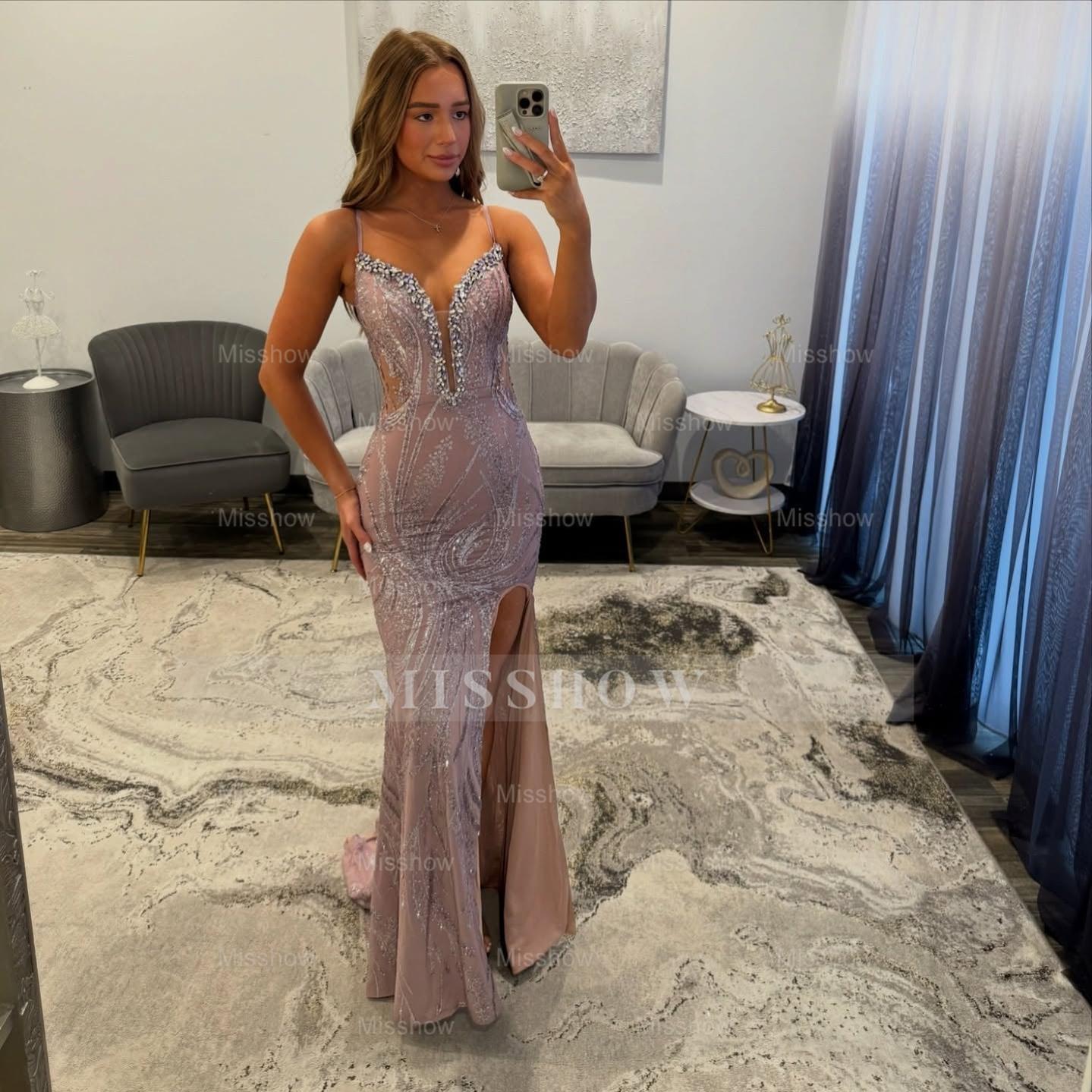 Vintage mauve v-neck lace mermaid prom dress