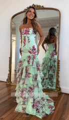 Attractive Long Pink Strapless Mermaid Floral Prom Dress