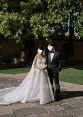 Attractive Long White Strapless Ball Gown Lace Wedding Dress