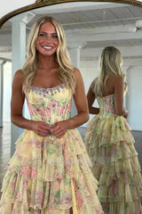 Attractive Long Yellow A-line Strapless Corset Prom Dress with Slit