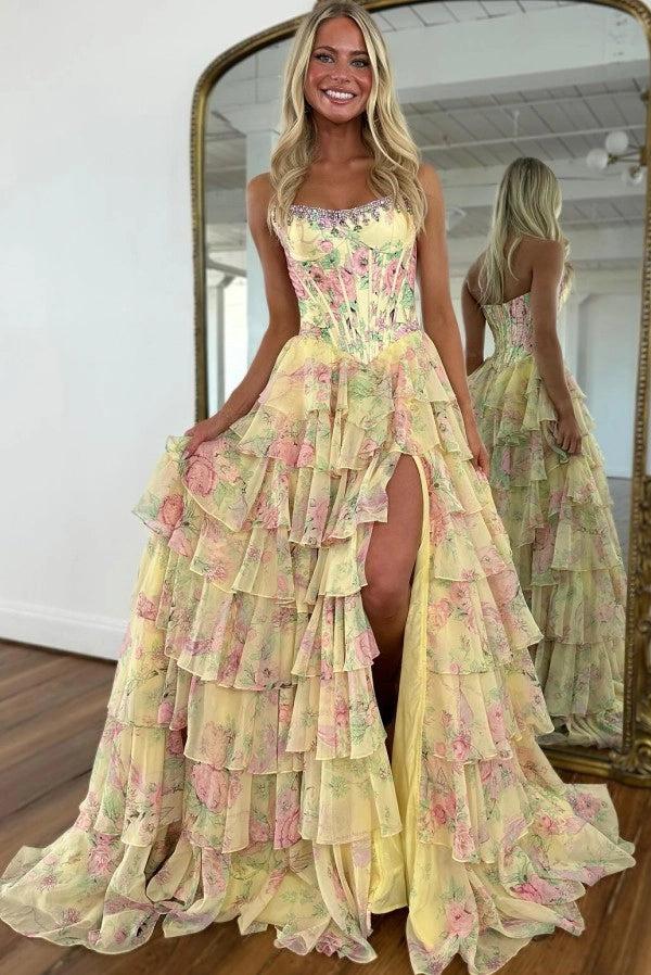 Attractive Long Yellow A-line Strapless Corset Prom Dress with Slit