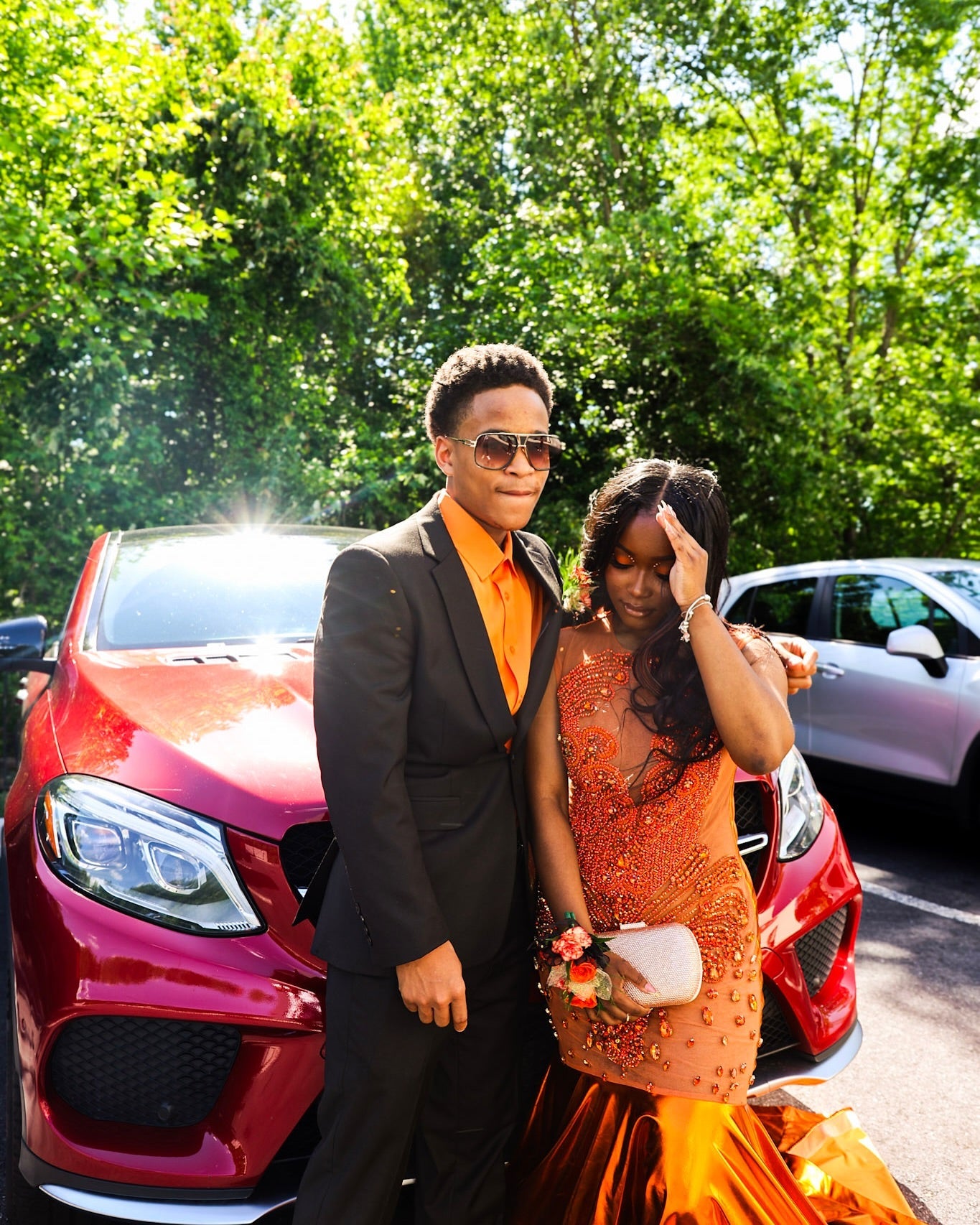 Attractive Orange Sleeveless Crew Mermaid Prom Dress with Chapel Train