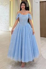 Baby Blue Off-Shoulder Short Sleeve Sequined A-Line Floor Length Formal Evening Gown