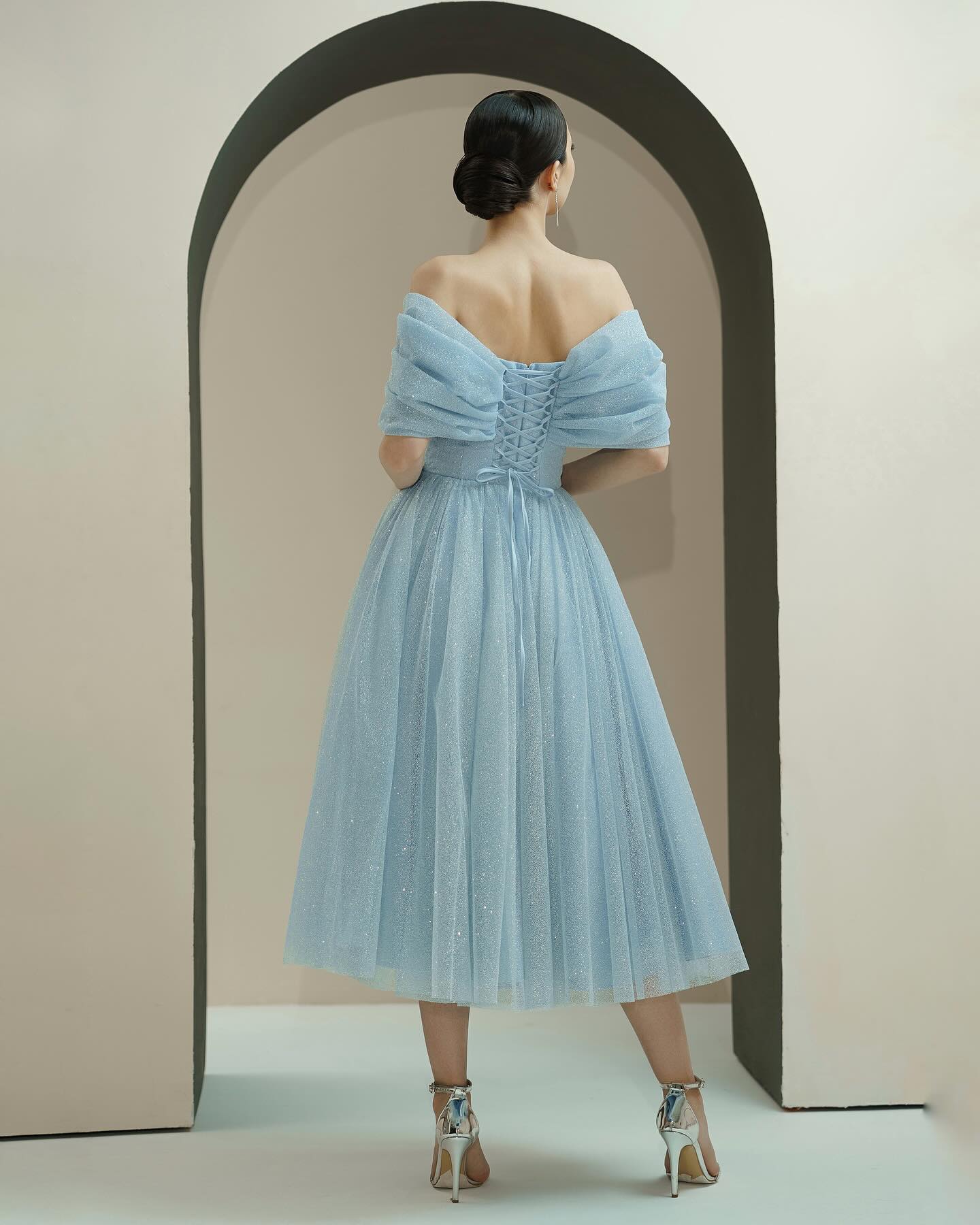 Baby Blue Off-the-Shoulder Tea Length A-Line Glitter Tulle Formal Dress Lace Up Back Midi Evening Gown