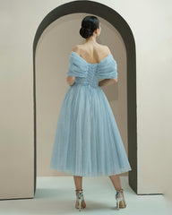 Baby Blue Off-the-Shoulder Tea Length A-Line Glitter Tulle Formal Dress Lace Up Back Midi Evening Gown