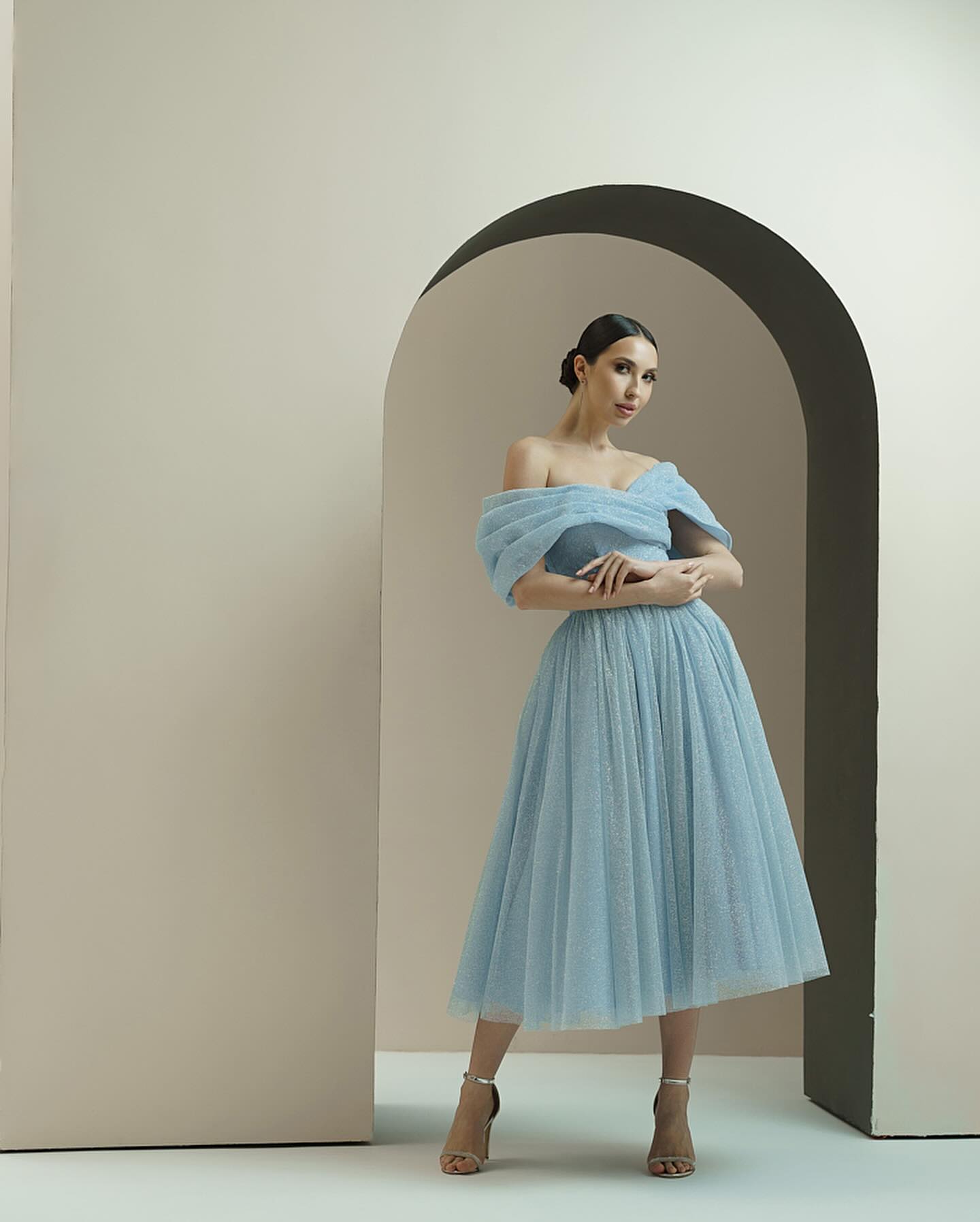 Baby Blue Off-the-Shoulder Tea Length A-Line Glitter Tulle Formal Dress Lace Up Back Midi Evening Gown