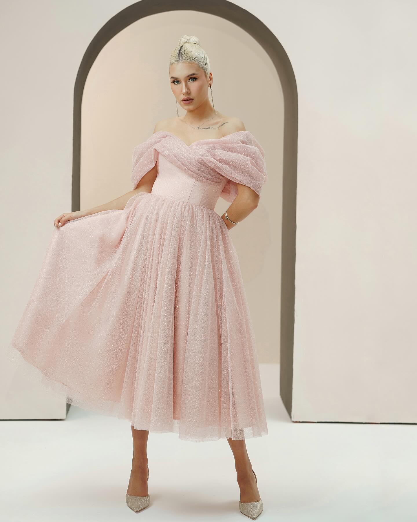 Baby Blue Off-the-Shoulder Tea Length A-Line Glitter Tulle Formal Dress Lace Up Back Midi Evening Gown