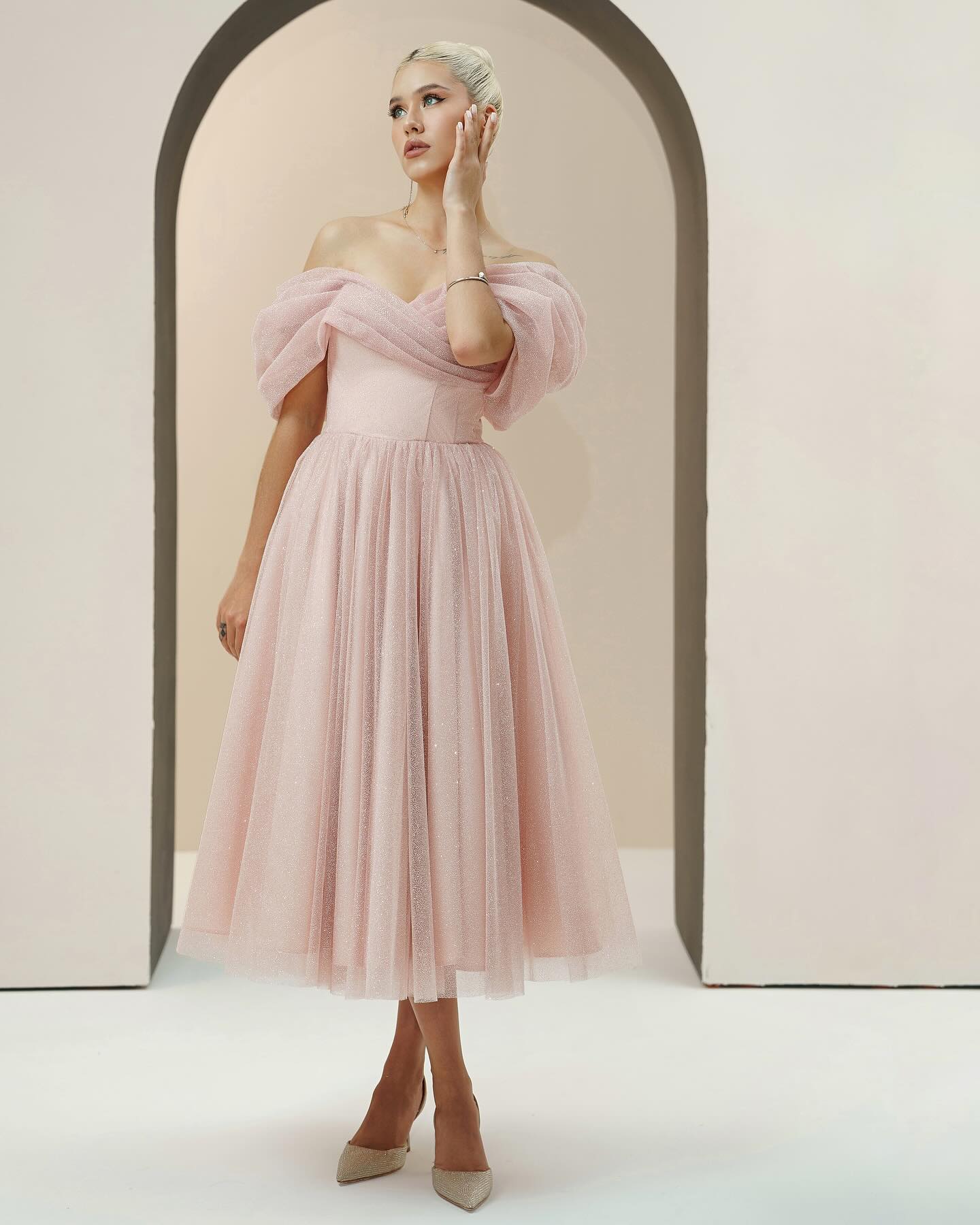 Baby Blue Off-the-Shoulder Tea Length A-Line Glitter Tulle Formal Dress Lace Up Back Midi Evening Gown