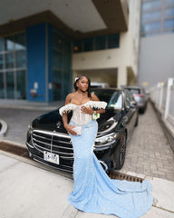 Baby Blue Plus Size Mermaid Prom Dress Off Shoulder 3D Feather Trim Sheer Illusion White Crystal Beaded Corset All-Over 3D Floral Rhinestone Beaded Skirt Sweep Train Gown