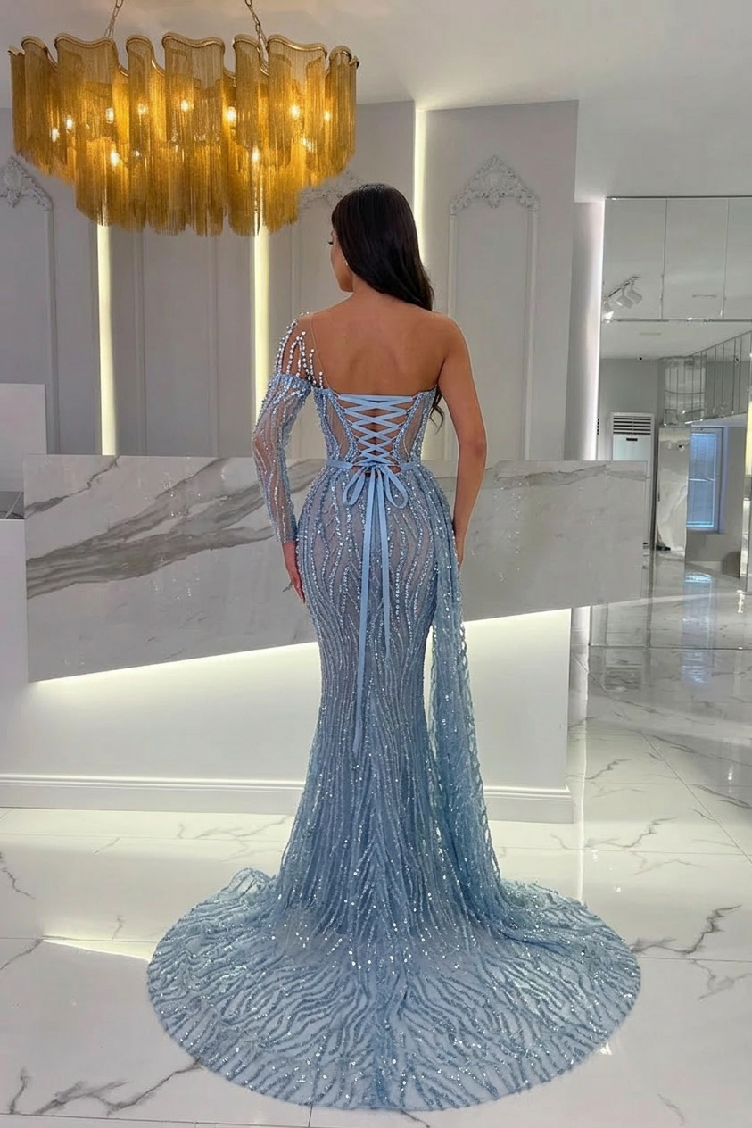 Baby Blue Strapless Long Sleeve Mermaid Long Formal Dress With Beading