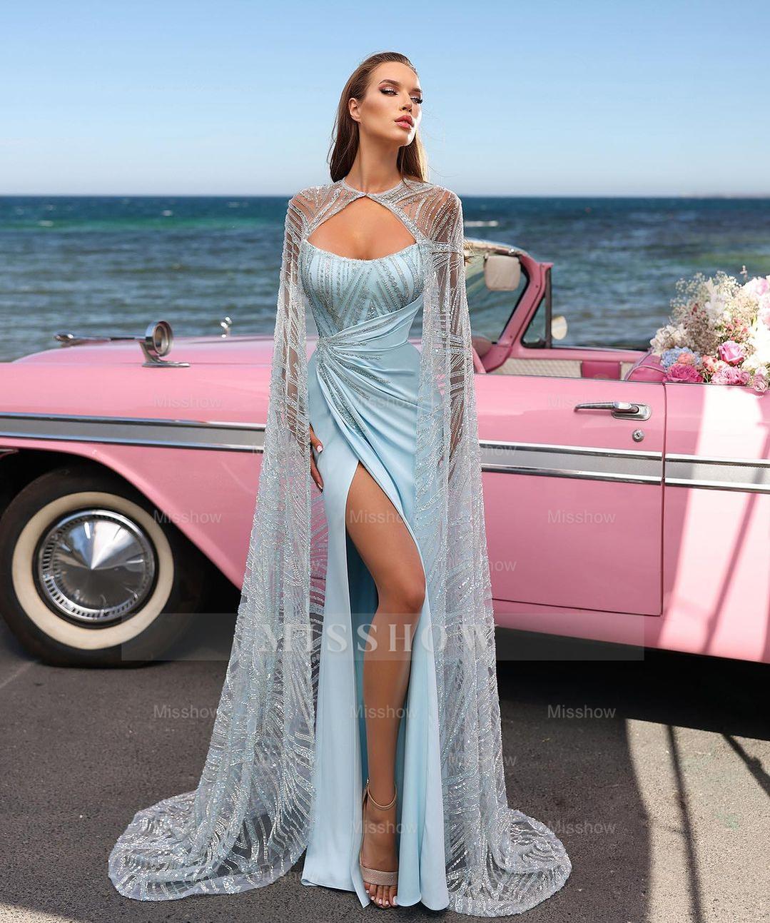Baby Blue Strapless Sweetheart Beaded Cape Sleeves Satin Column High Formal Evening Gown