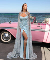 Baby Blue Strapless Sweetheart Beaded Cape Sleeves Satin Column High Formal Evening Gown