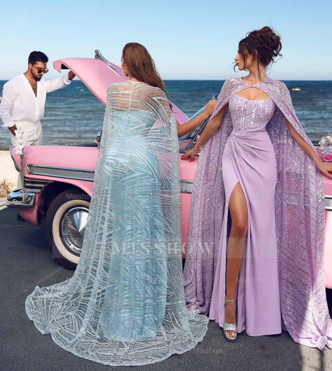 Baby Blue Strapless Sweetheart Beaded Cape Sleeves Satin Column High Formal Evening Gown