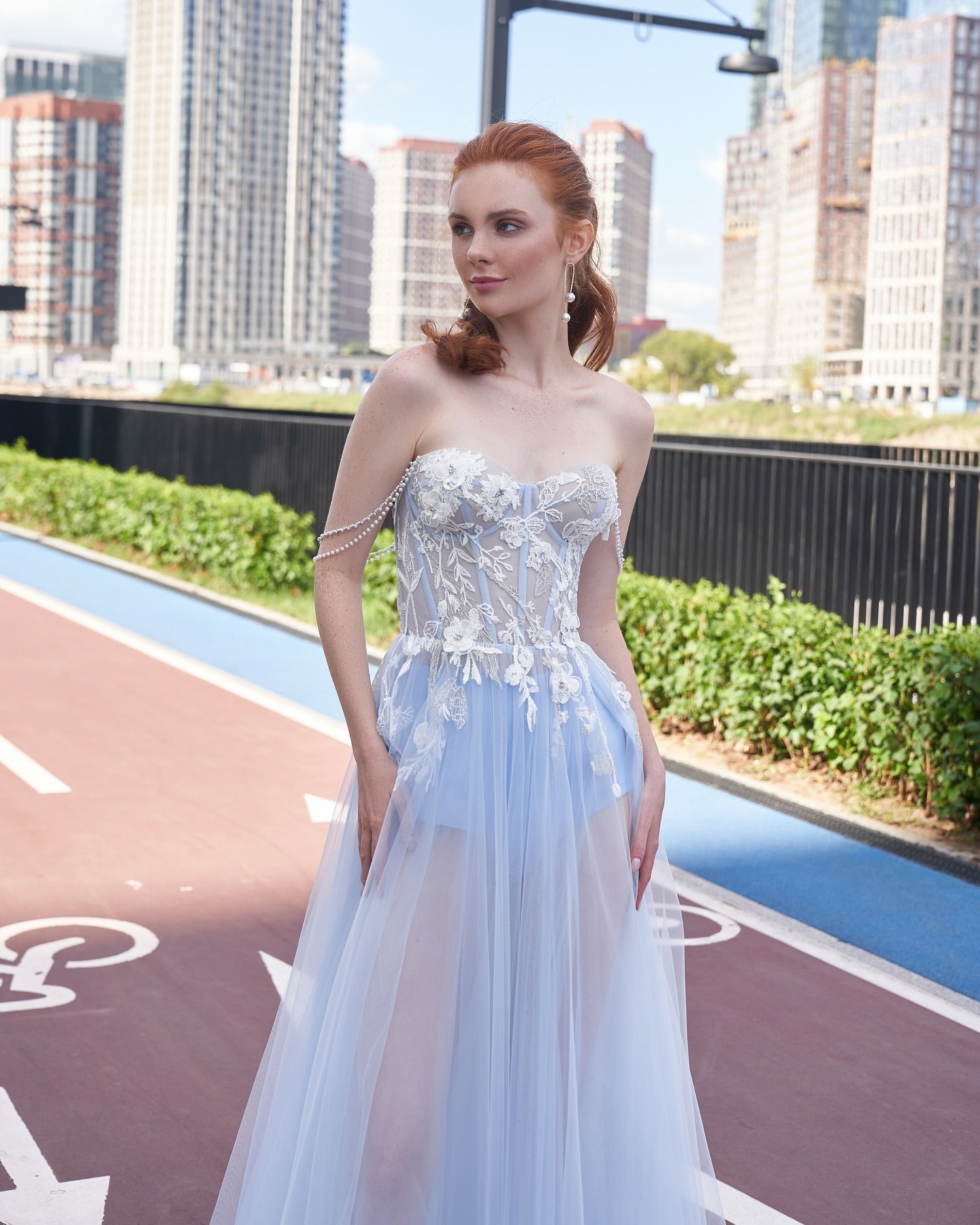 Baby Blue Sweetheart Sleeveless A-Line Floral Applique Pearl Lace-Up High Slit Evening Gown