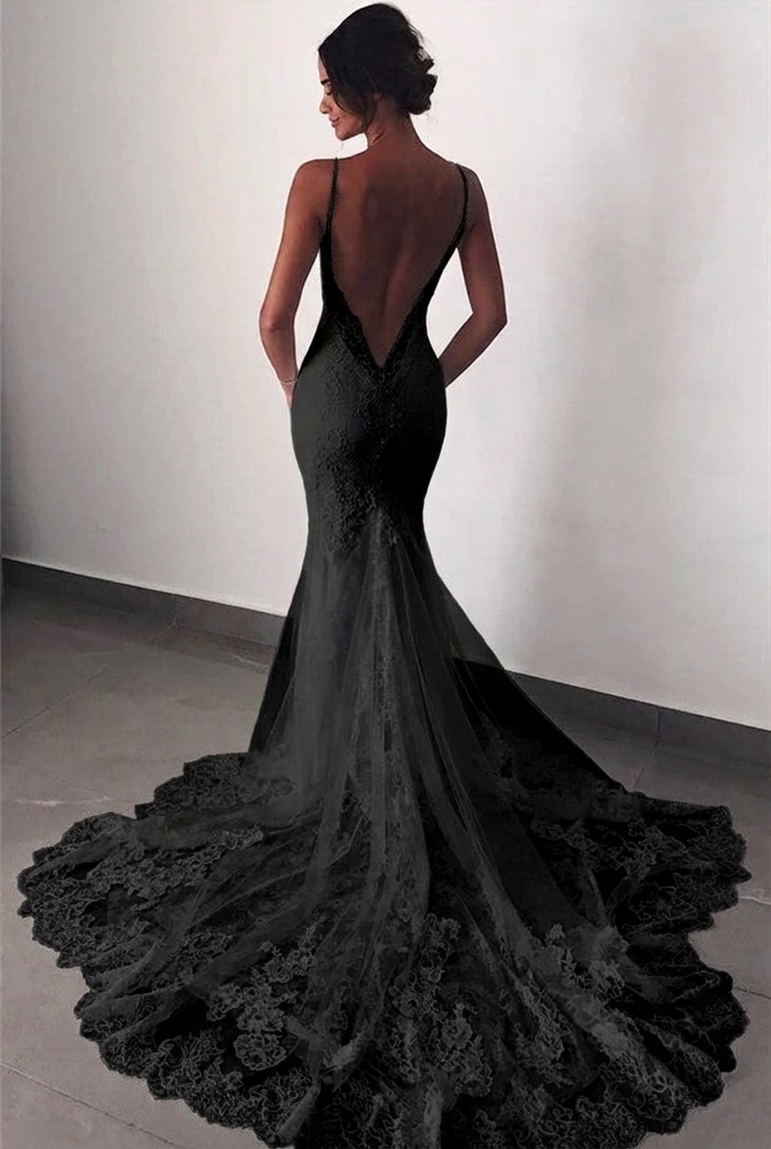 Black v-neck lace mermaid wedding dress